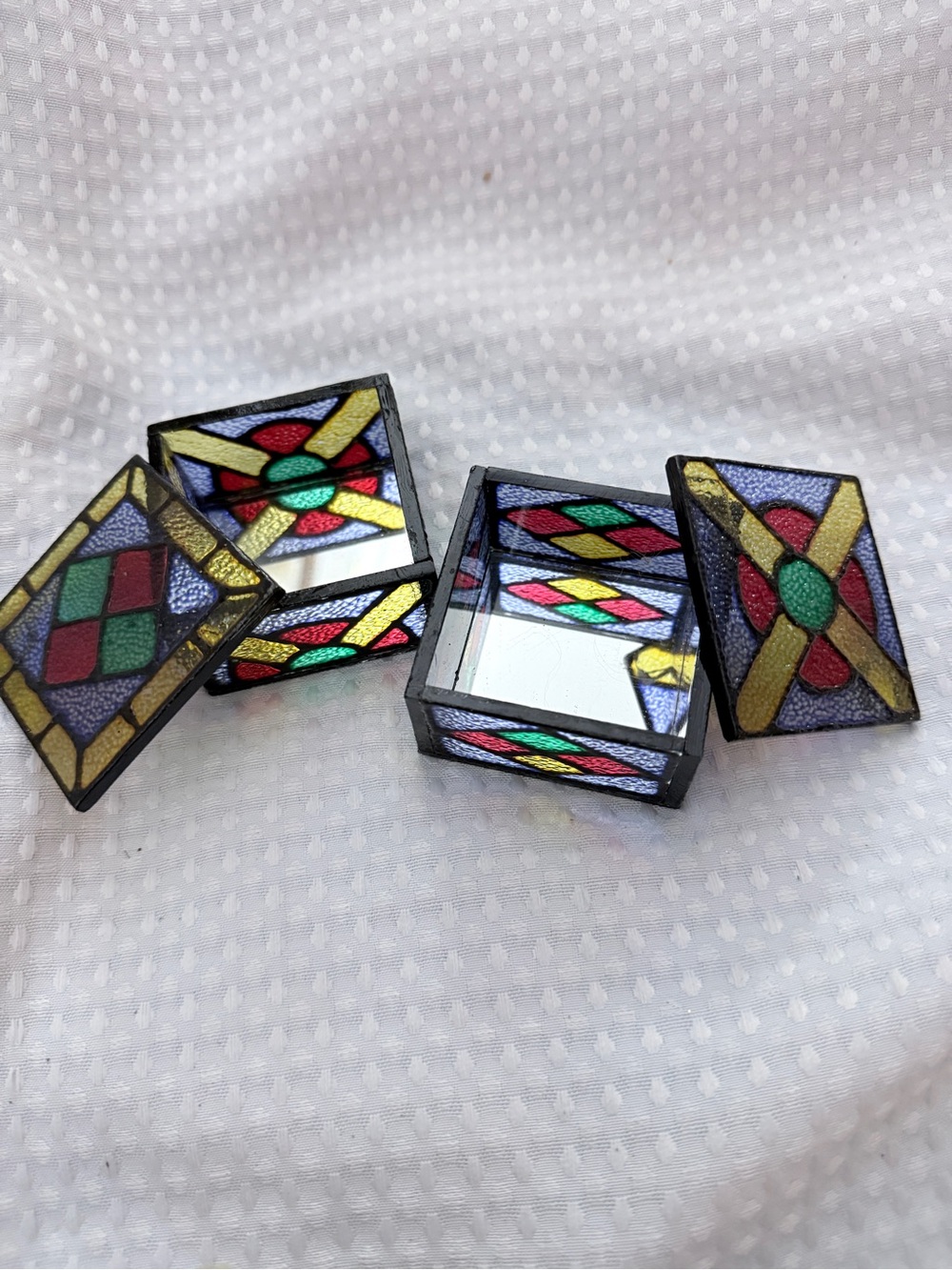 Vintage Set of 2 Iridescent Stained Glass Trinket Boxes with Mirrored Base